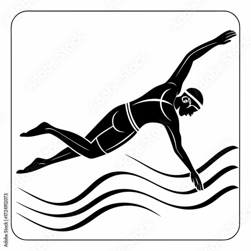 Stylized black and white silhouette of a swimmer performing the freestyle stroke depicted in motion above stylized water waves representing competitive swimming and aquatic sports