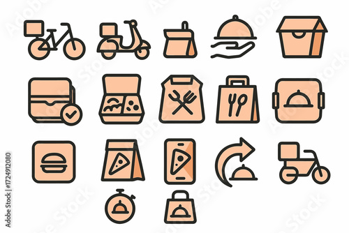 Food delivery icons set featuring bicycles, scooters, pizza, and packaging designs