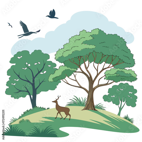 A peaceful woodland scene with a deer walking on a grassy hill under large trees and birds flying in the sky with clouds