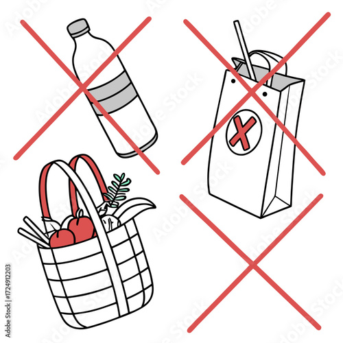 Illustration of a plastic bottle a shopping bag and a picnic basket with red prohibition signs indicating they are not allowed or forbidden for use