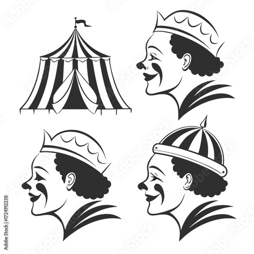 Circus tent and three stylized clown portraits in profile featuring different hats and makeup presented in a graphic black and white illustration style