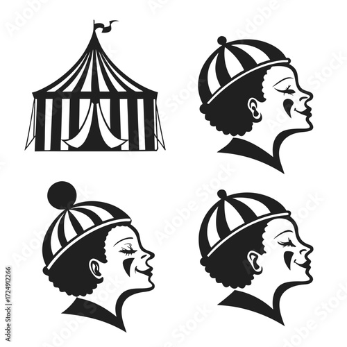 A collection of graphic illustrations featuring a circus tent and three distinct profiles of clowns with painted faces and striped caps presented in a clean black and white silhouette style