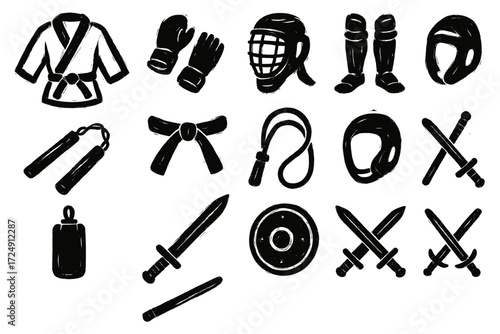 Martial arts equipment set: uniform, weapons, protective gear icons