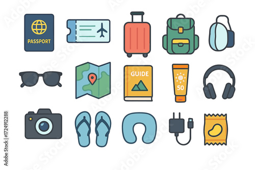 Travel essentials collection including passport, luggage, map, and headphones for the adventure-ready traveler