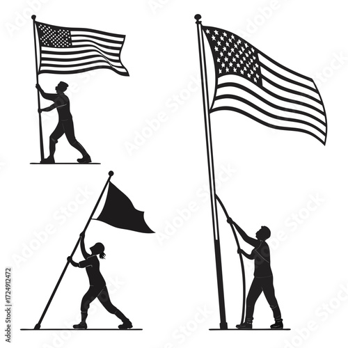 Silhouettes of people raising and holding the american flag representing patriotism and national pride in various poses and sizes against a white background