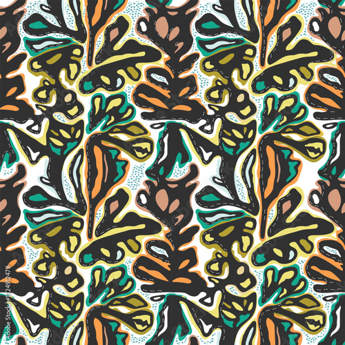 Colorful abstract pattern featuring leaf-like shapes in orange, green, black, and teal against a white background.