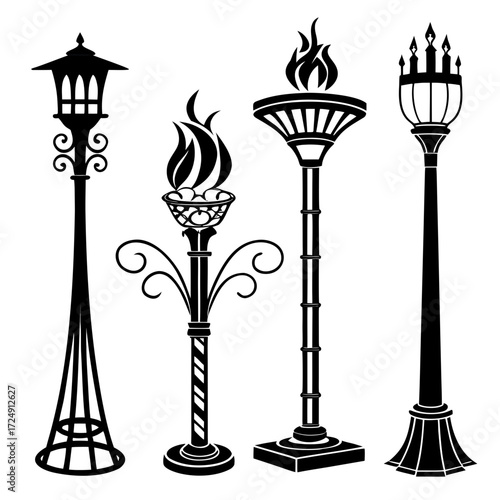 Collection of ornate black silhouette street lamps and torches with decorative bases and flame elements isolated on a white background representing vintage lighting fixtures