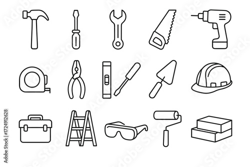 Outline icon set of construction tools including hammer, drill, and ladder