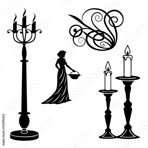 Elegant silhouette collection featuring a multi branched candelabra a woman in a flowing gown holding a basket ornate scrollwork and two candle holders with lit candles