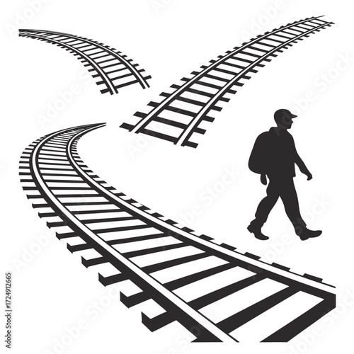 Silhouette of a person walking alongside multiple curving railway tracks on a white background representing choices and journeys