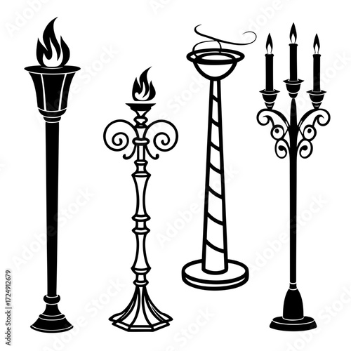 A collection of four distinct black silhouette floor standing torches and candelabras with flames and candles on a white background