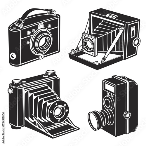 Collection of vintage and antique cameras in a graphic silhouette style showcasing different historical photographic equipment designs