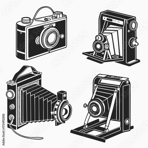 A collection of four vintage and antique cameras rendered in a simple black and white line art style showcasing classic photographic equipment