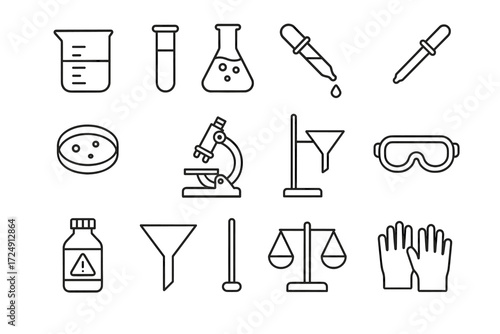 Science lab equipment icons: beaker, test tube, microscope, pipette, safety goggles, gloves