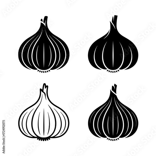 Four stylized black and white garlic bulbs graphic illustration for food related design projects and culinary applications