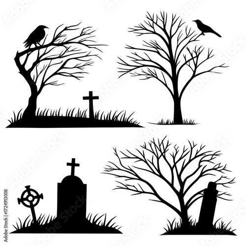 Spooky halloween silhouette collection featuring bare trees gravestones crows and grass on a white background perfect for seasonal decorations and designs