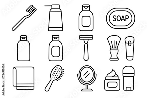Essential bathroom toiletries collection: soap, razor, toothbrush, mirror, comb