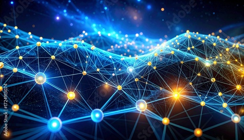 A glowing neural network of blue lines and yellow nodes on a dark background, symbolizing artificial intelligence, data connectivity, and complex brain-like systems in digital visualization.