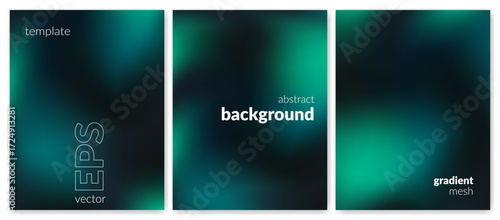 Abstract liquid background set. Gradient mesh. Effect blend emerald color. Blurred fluid colorful mix. Modern design template for web cover, header, ad banner, poster, brochure, flyer. Vector image