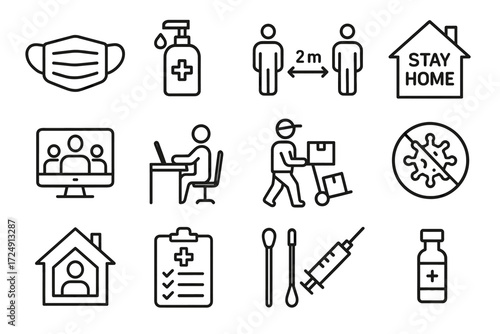 Icon set illustrating covid-19 precautions and safety measures