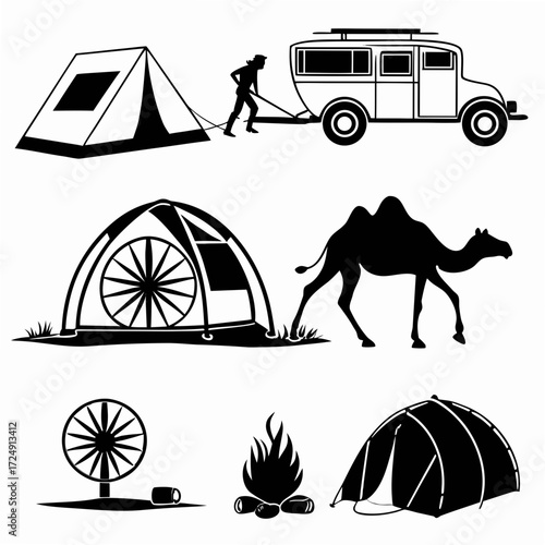 Collection of black and white vector illustrations depicting camping scenes with tents a camper van a camel a campfire and a fan