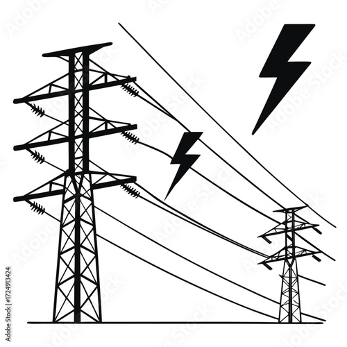 Black silhouette of power transmission towers and electrical wires with lightning bolt symbols representing energy and danger against a white background