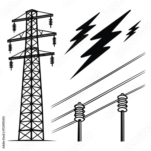 Black and white illustration of a high voltage electricity pylon power lines with insulators and stylized lightning bolts against a white background