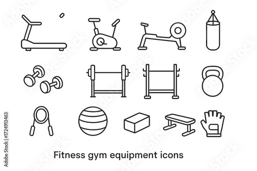 Fitness gym equipment icons set: treadmill, bike, weights, bench, kettlebell