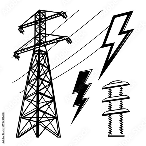 Black and white graphic illustration of a power transmission tower with electrical wires and lightning bolt symbols representing energy and electricity