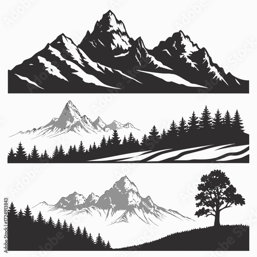 Collection of stylized mountain range landscapes in black and white featuring rocky peaks evergreen forests and a solitary tree on a hill