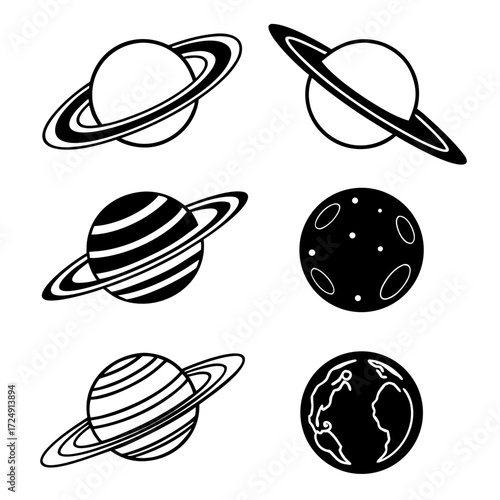 Collection of stylized astronomical celestial bodies including planets with rings and moons presented as simple black and white vector illustrations on a white background