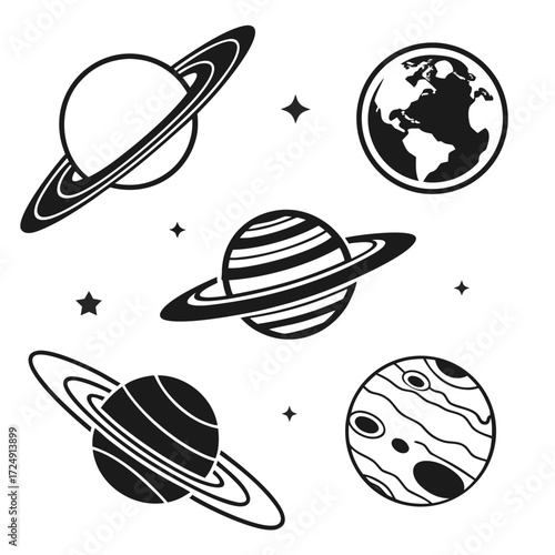 Collection of stylized black and white planets and stars in space including saturn jupiter and earth perfect for educational or cosmic themed designs