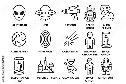Alien and space icons: ufo, ray gun, space robot, space armor, alien planet