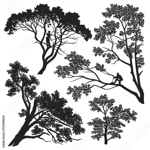 Silhouettes of diverse trees with people climbing and resting on branches evoking a sense of nature adventure and peaceful contemplation against a clean white background