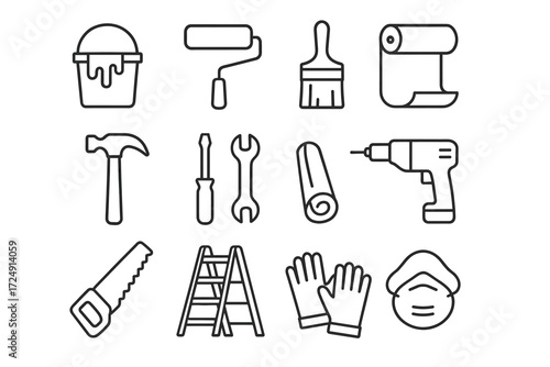 Essential home renovation tools: hammer, drill, paint, ladder, safety gear icons