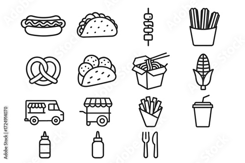 Line art icons of popular street food and snacks