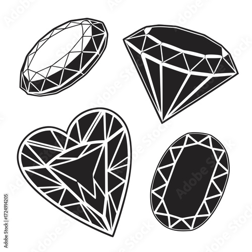 Collection of stylized black and white faceted gemstone illustrations including round oval and heart shapes on a white background