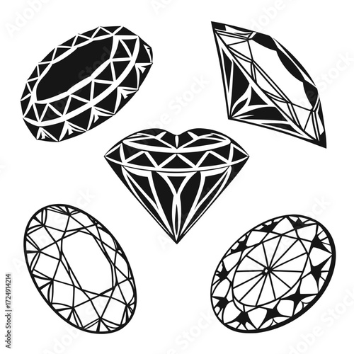 Collection of five stylized black and white diamond silhouettes in various cuts and perspectives isolated on a white background representing luxury and preciousness