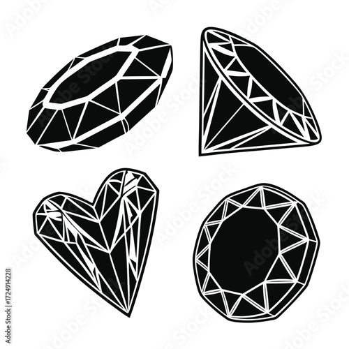 Collection of four stylized black and white diamond shapes including a round cut emerald cut heart shape and marquise cut isolated on a white background