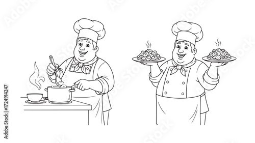 Two happy chef cooks line art illustration food preparation restaurant