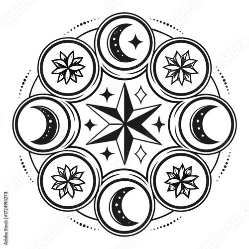 Celestial mandala featuring a central eight pointed star surrounded by crescent moons and floral starbursts within concentric circles and dotted borders representing cosmic harmony and the night sky