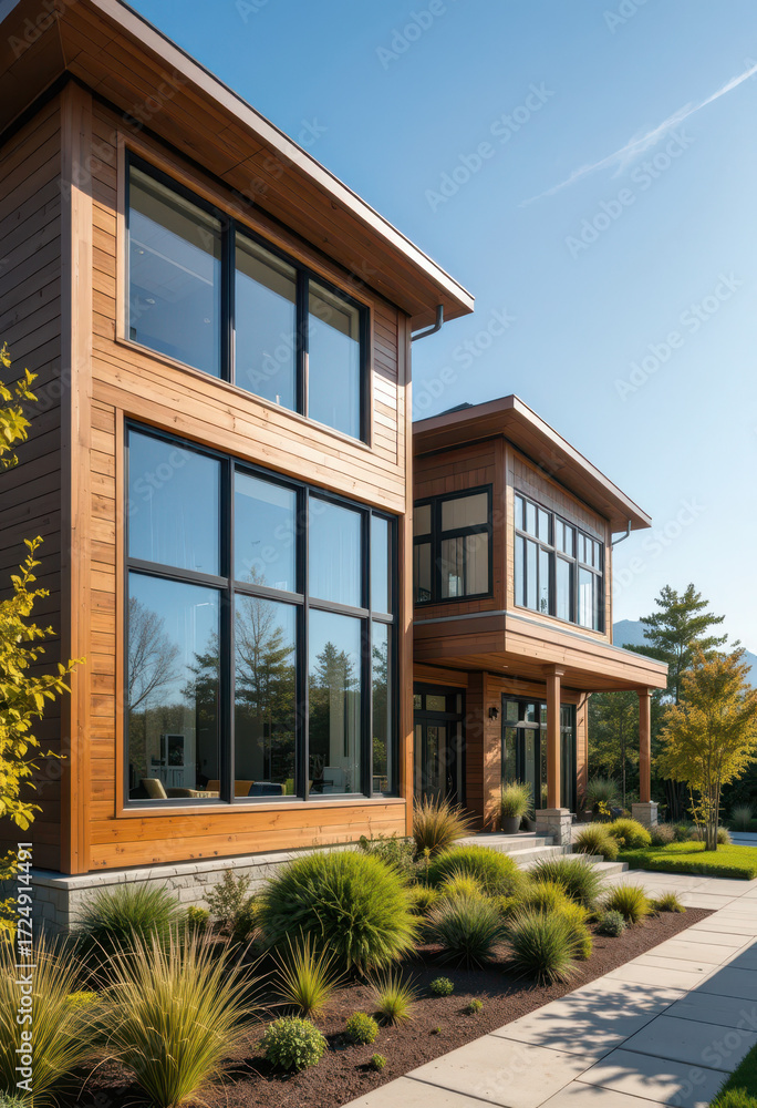 Fototapeta premium Modern home design showcase suburban area architecture photograph sunny day exterior view contemporary style