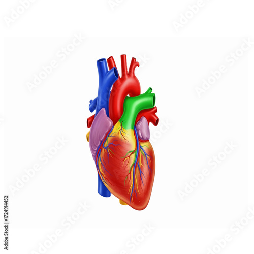 Human heart—detailed anatomical illustration of the cardiovascular organ showing veins, arteries, and structure