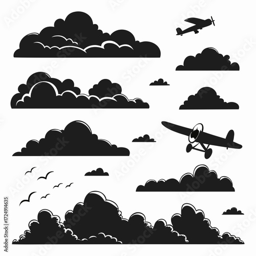 Collection of black silhouette clouds and vintage airplanes flying in the sky with birds graphic design elements for aviation and weather themes