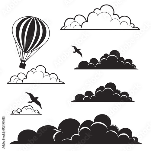 A collection of stylized black and white vector illustrations featuring a hot air balloon birds and various cloud formations against a clean white background perfect for graphic design