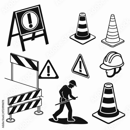 A collection of black and white vector icons representing construction safety and warning symbols including traffic cones caution signs a hard hat and a construction worker