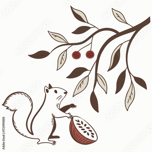 A whimsical illustration of a cute white squirrel with a bushy tail reaching for a halved cocoa pod beneath a branch with leaves and cherries