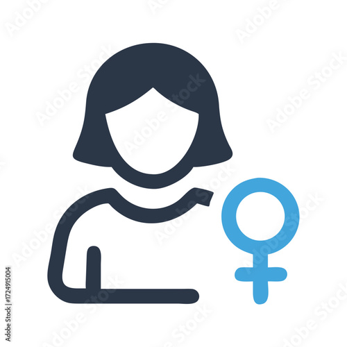 A simple modern icon representing a woman or female gender identity featuring a stylized silhouette of a woman s head and shoulders next to the universal female symbol