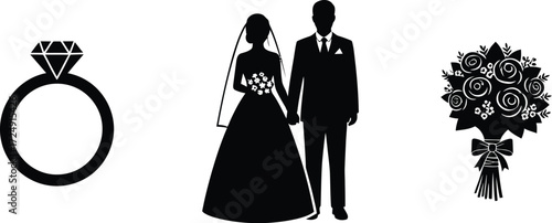 Wedding icons set collection of vector silhouettes of ring, bride and groom, bouquet of flowers, love and marriage