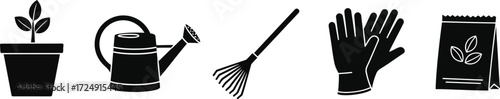 Gardening icons featuring plant, watering can, rake, glove, and seed, perfect for garden enthusiasts and nature lovers